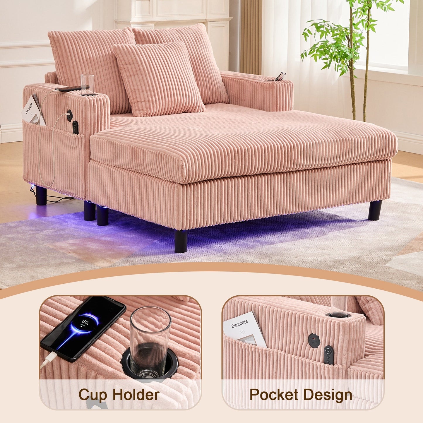 HOMEFUN Corduroy Upholstered Oversized RGB LED Light Recliner Sofa Bed with Cup Holder,USB&3 Pillows