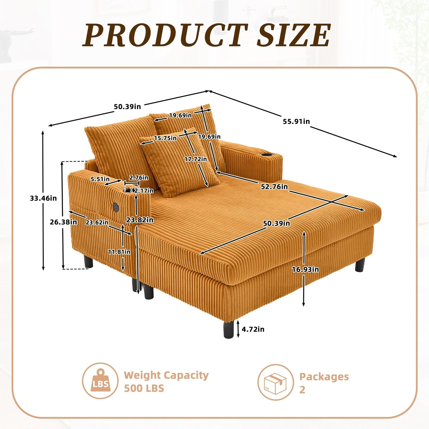 HOMEFUN Corduroy Upholstered Oversized RGB LED Light Recliner Sofa Bed with Cup Holder,USB&3 Pillows