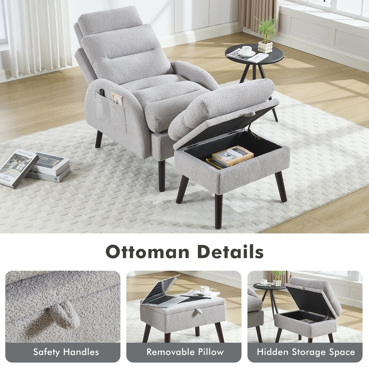 HOMYKA Accent Lounge Chair with Adjustable Backrest Storage Ottoman