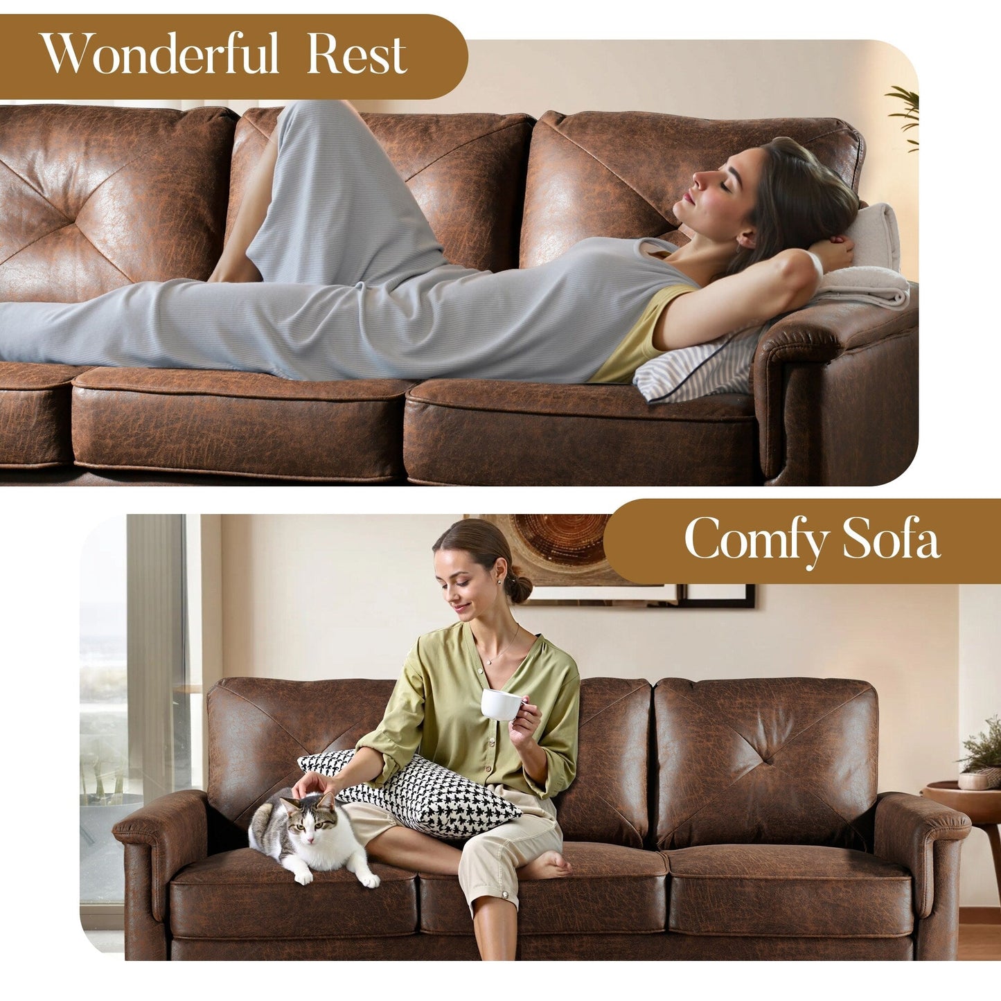 HOOOWOOO Mid-Century 3-Seat Upholstered Sofa with Wood Legs for Living Room