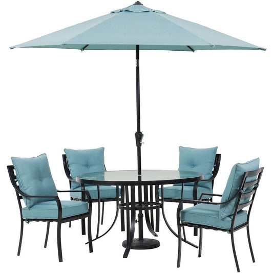 Hanover Lavallette 5-Piece Dining Set in Ocean Blue with 4 Stationary Chairs, 52-In. Round Glass-Top Table, Umbrella, and Base