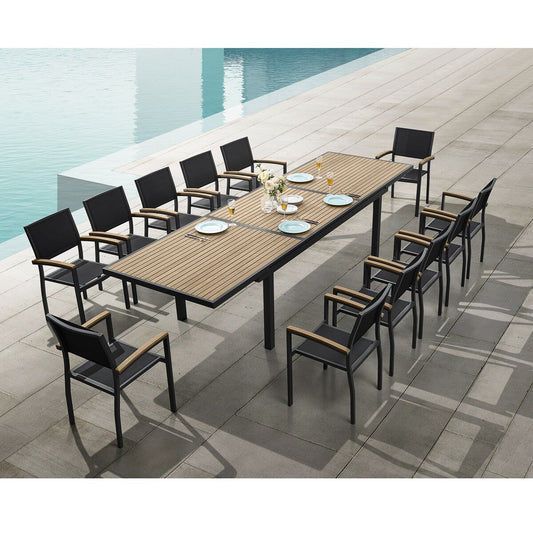 Heck 13 Pieces FSC Teak Aluminum Outdoor Dining Set for 12 Person, Extendable Table and Stackable Chair, Charcoal Black