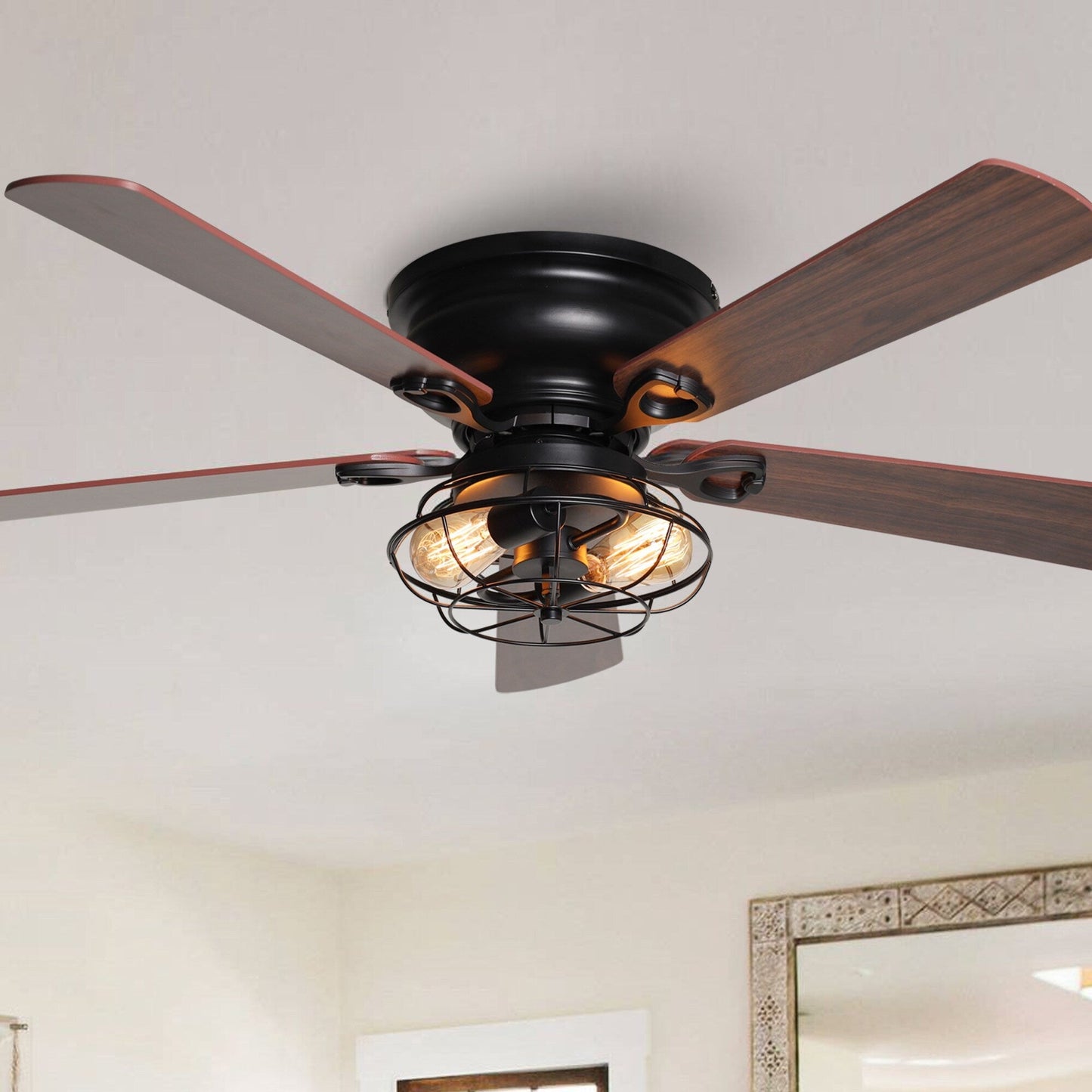 Farmhouse 48-in Wood 5-Blade Low Profile Flush Mount Black Ceiling Fan with Remote and Light Kit