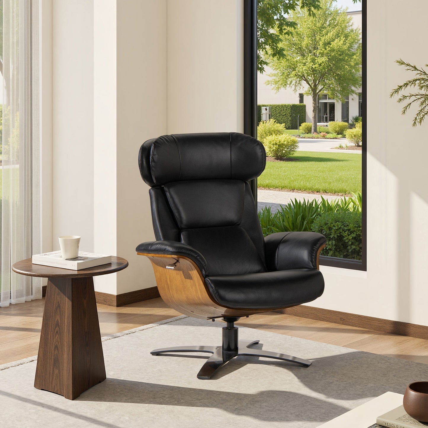 Jovan 31.5 Curved Wood Genuine Leather Recliner Lounge Chair