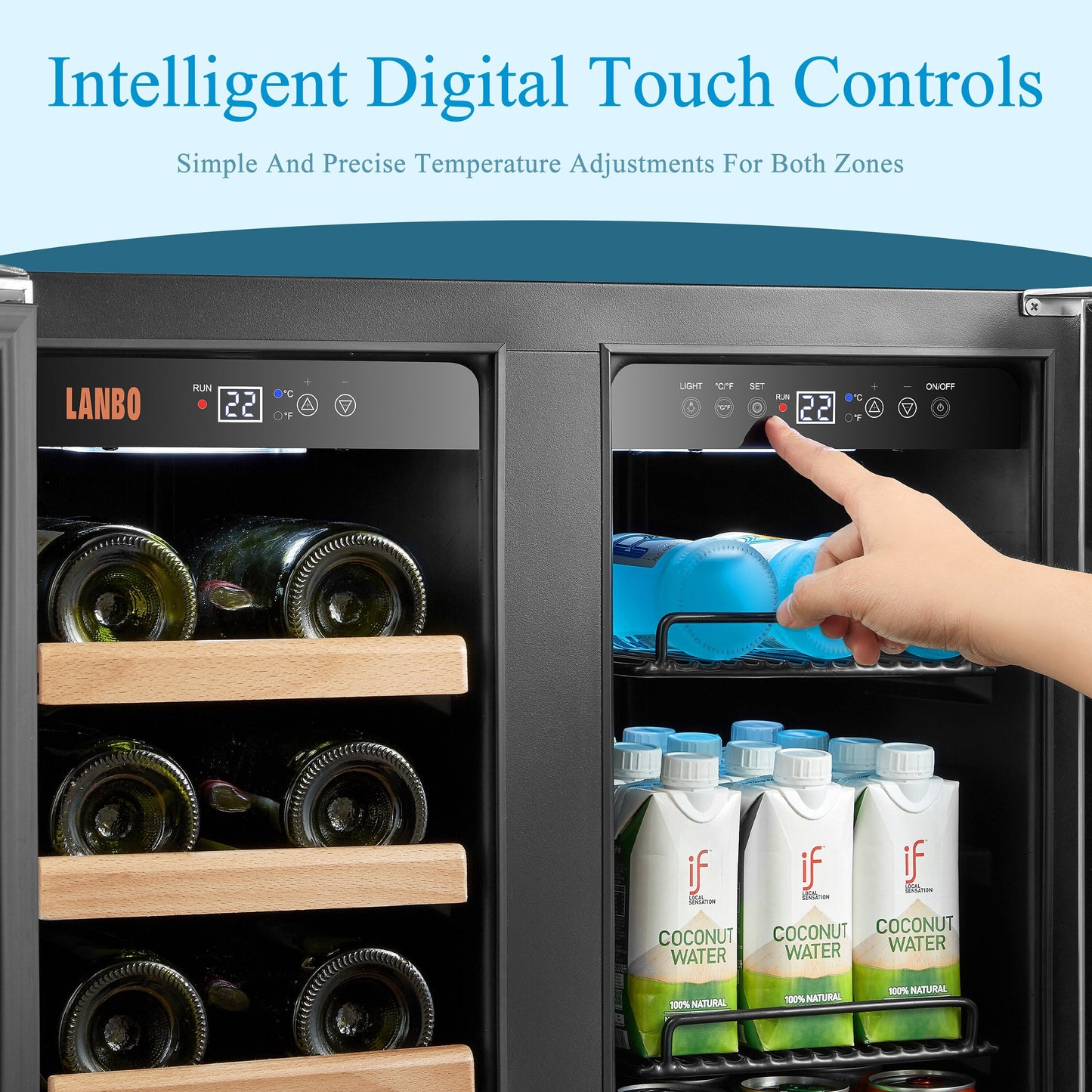 Lanbo 24 Inch Dual Zone 18 Bottle Wine and 55 Can Beverage Cooler, Stainless Steel and Glass with French Door