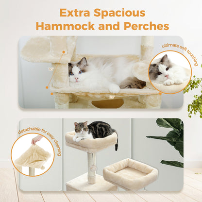 Large Cat Tower Cat Condo with Scratching Posts and Pads, 2 Padded Perch, Dual Condo and Basket