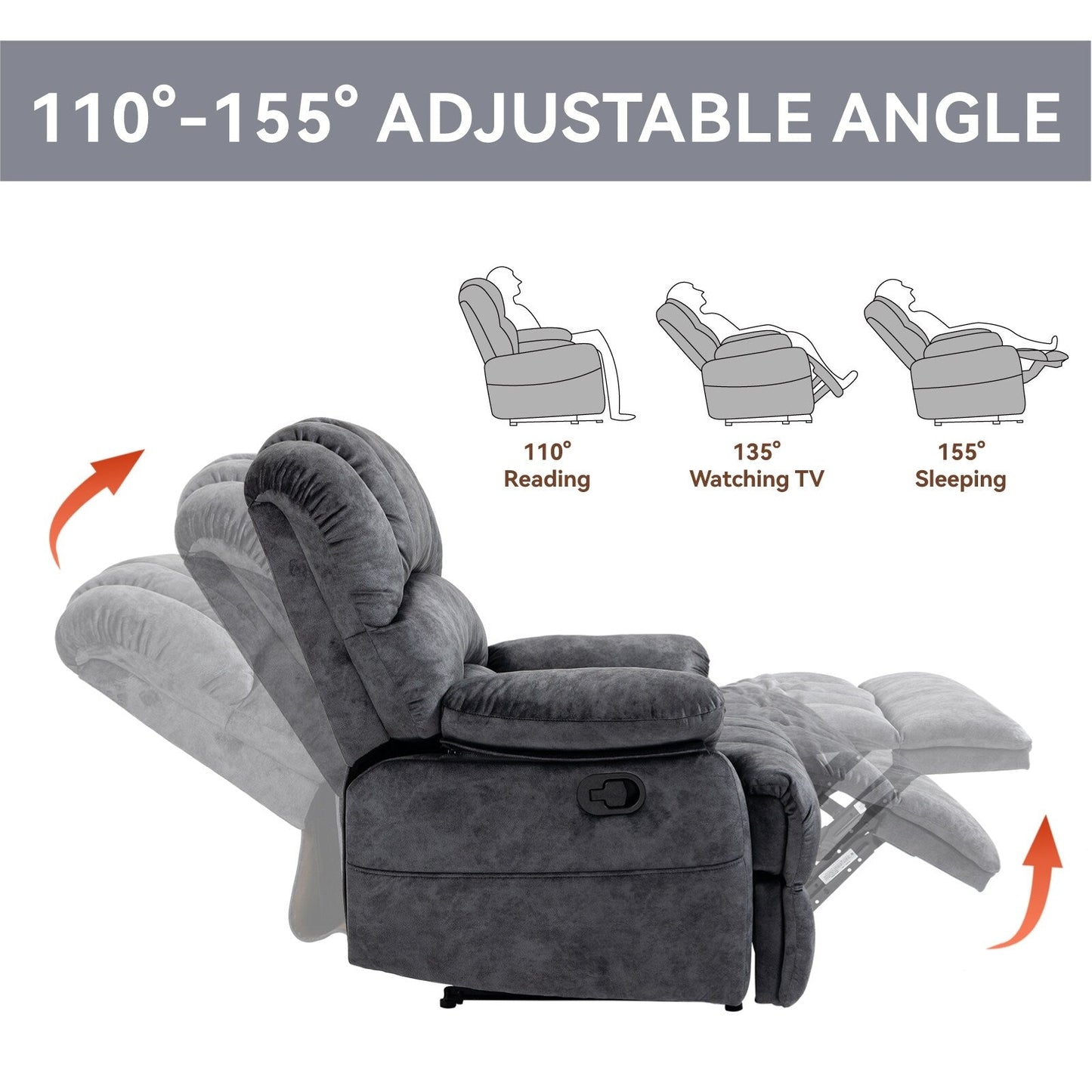 Large Manual Recliner Chair for Adult, Comfortable Fabric Single Recliner Sofa, Overstuffed Reclining Chair for Living Room