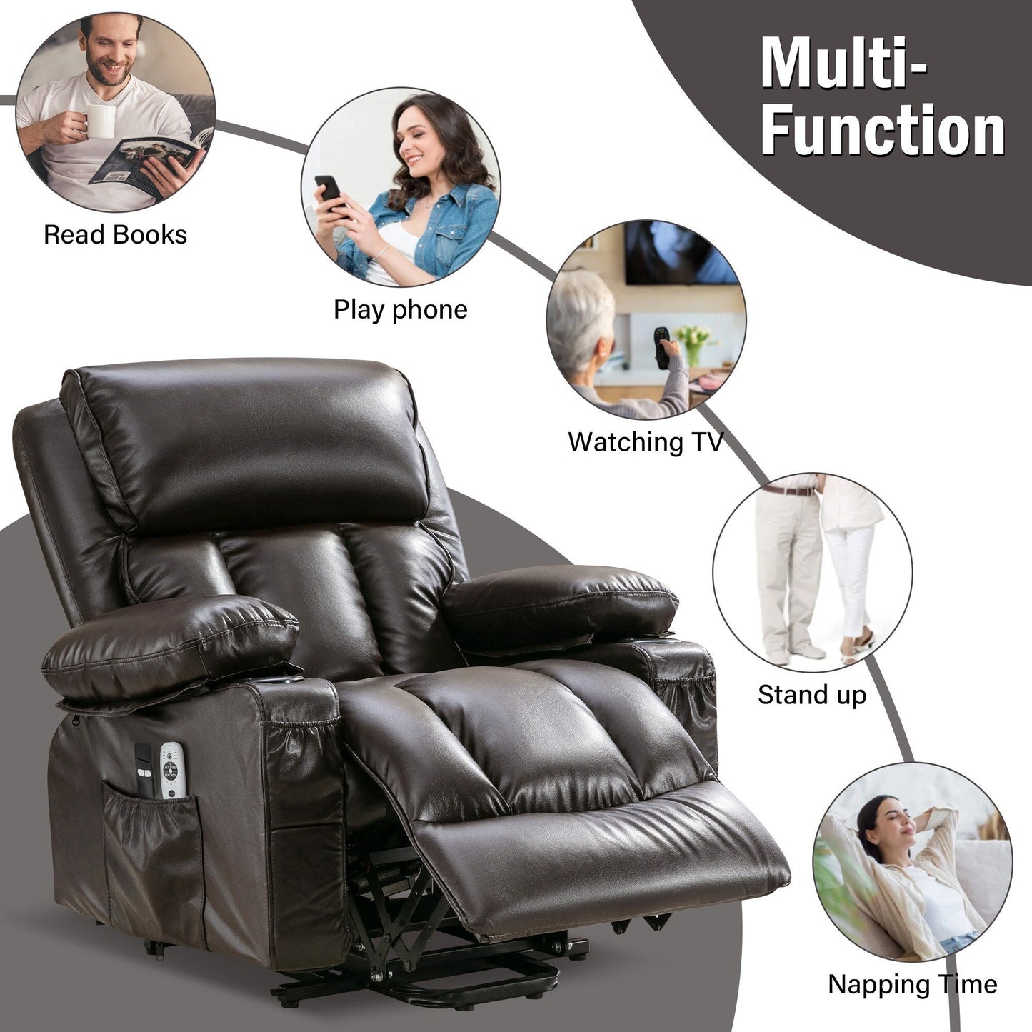 Large Power Lift Recliner Chair with Heat and 8-Point Massage - Remote Control, USB Port