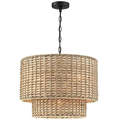Lennie 20 in. 4-Light Rattan Tiered Drum Chandelier Light with Black Canopy - 20 in. W - 20 in. W