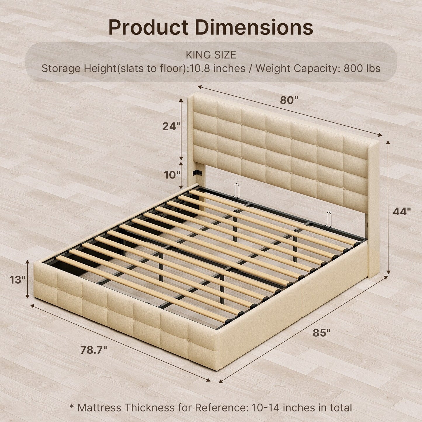 Lift Up Storage Bed Frame, Upholstered Platform Bed Frame with Hydraulic Storage System and Headboard