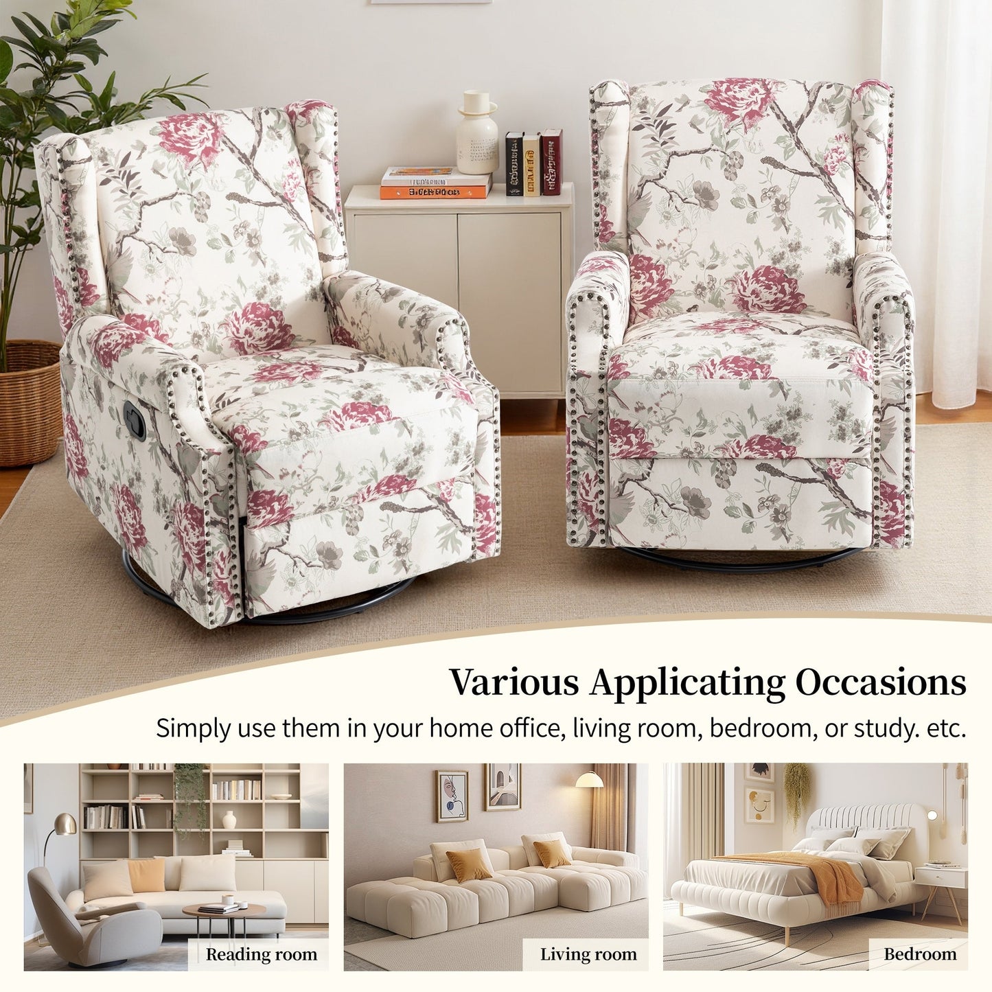 29'' W Pattern Swivel Glider Manual Push Back Recliner Chair Set of 2