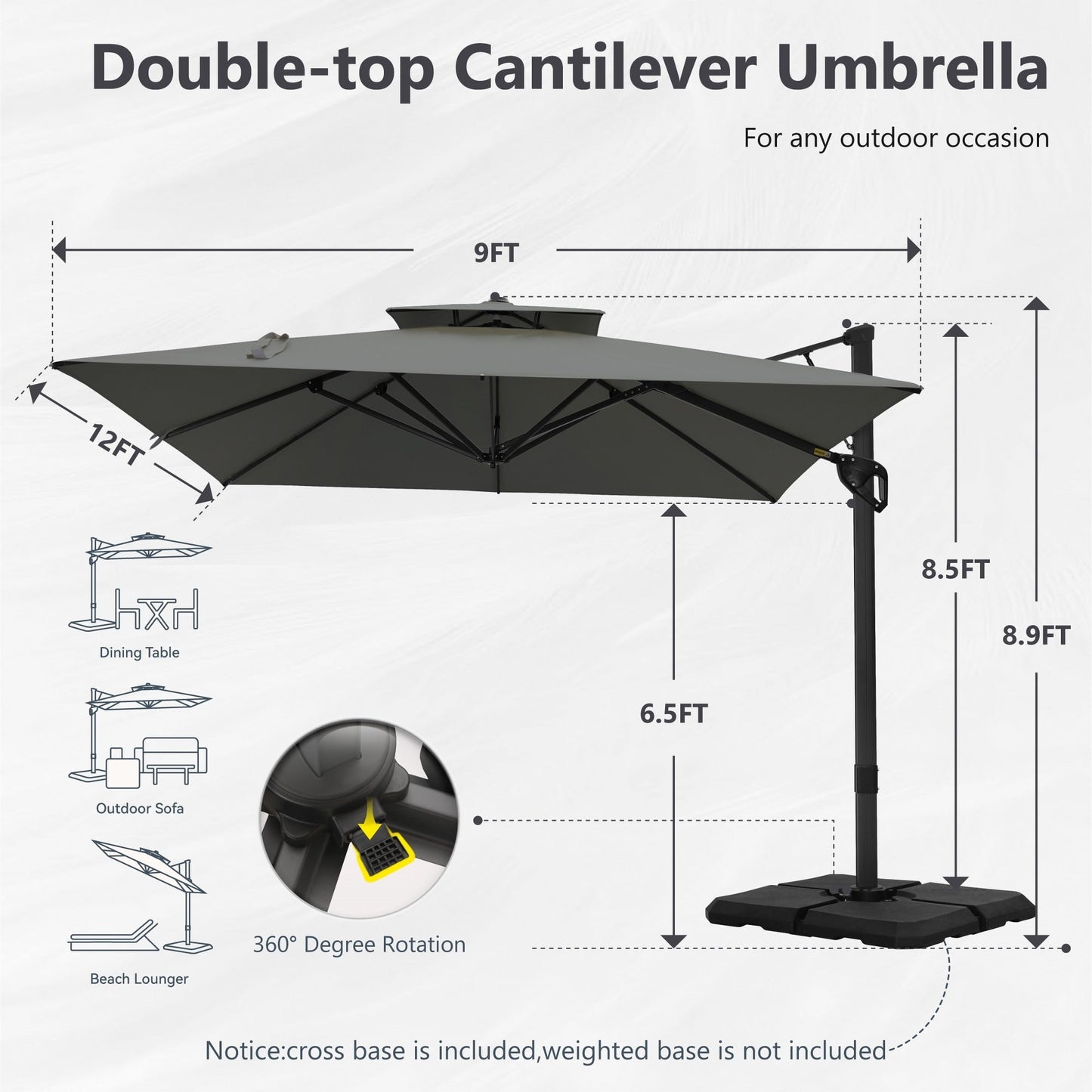 MAISON ARTS 12 FT Automatic Hydraulic Cantilever Umbrella Aluminum Pole 360 Degree Rotation