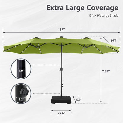 MAISON ARTS 15-foot Rectangular Crank Double-sided Outdoor Market Umbrella Solar LED Lighted Patio Umbrella with Base Included