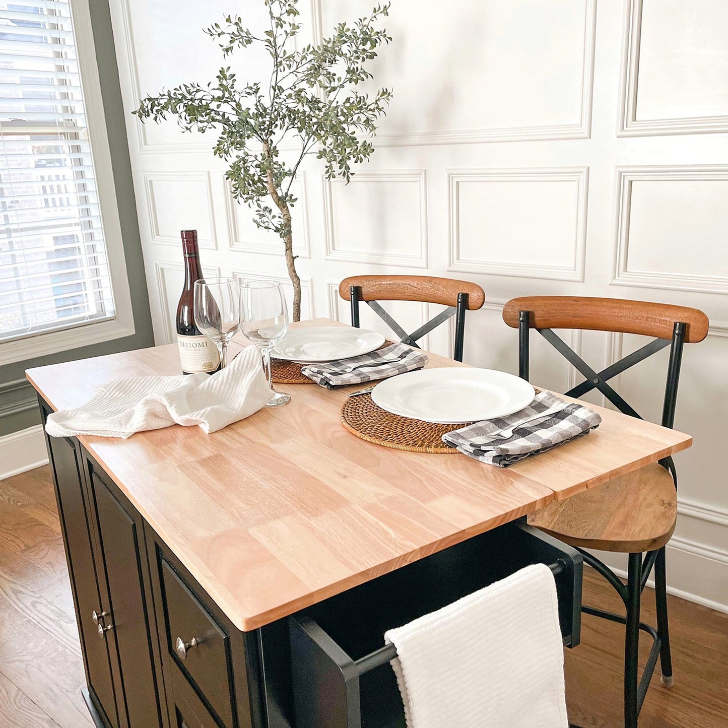 Sophia & William Kitchen Island Cart with Drop-Leaf and Rubber Wood Top, Rolling Kitchen Trolley Cart with Large Storage Cabinet