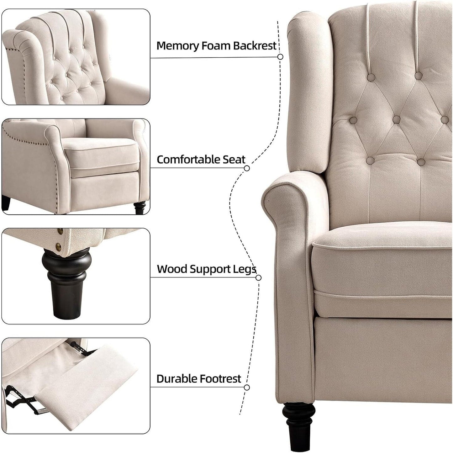 Pushback Recliner Chair, Fabric Armchair Push Back Recliner with Rivet Decoration, Single Sofa Accent Chair