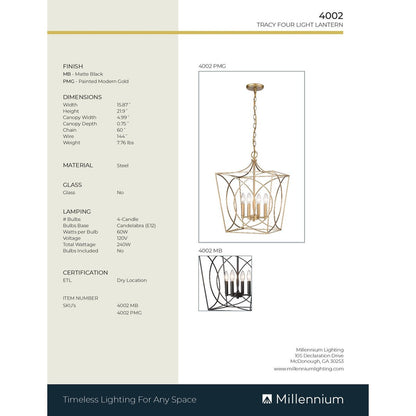 Millennium Lighting Tracy 4 Light Pendant Fixture in Multiple Finishes