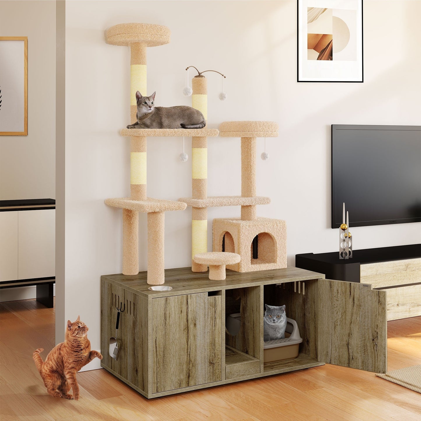 Moasis Double Cat Litter Box Enclosure with Scratching Post Cat Tree