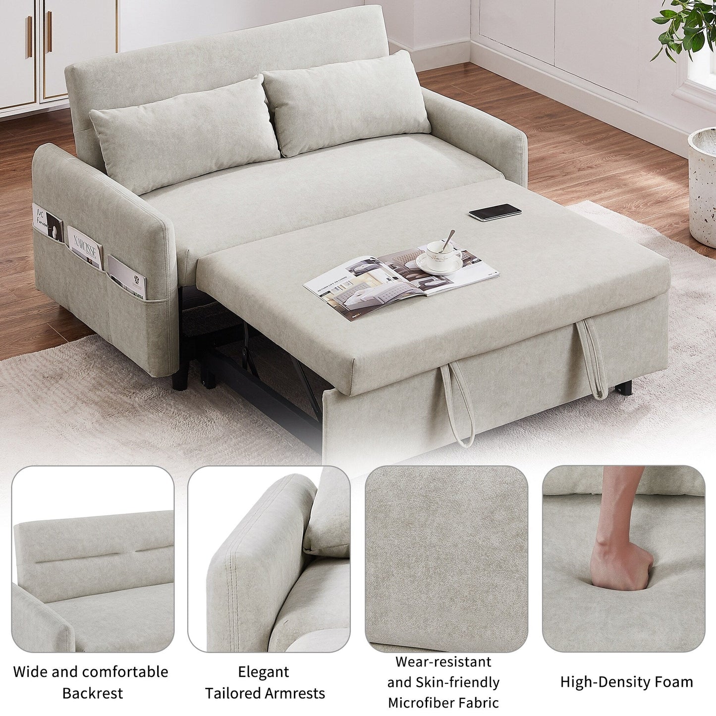 Modern 2 Seat Couch, Microfiber Pull Out Sleep Sofa Bed wih Adjsutable Backrest, Storage Pockets, 2 Soft Pillows, USB Ports