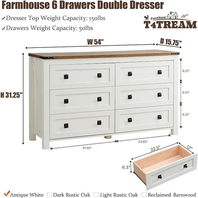 Farmhouse 6 Drawer Dresser, Wood TV Stand, Chest of Drawers