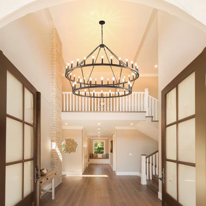 Modern Farmhouse Chandelier 2 Tier Round Wagon Wheel Chandelier Large High Ceiling Light.