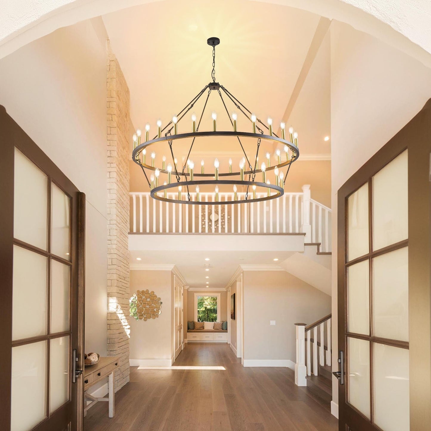 Modern Farmhouse Chandelier 2 Tier Round Wagon Wheel Chandelier Large High Ceiling Light.