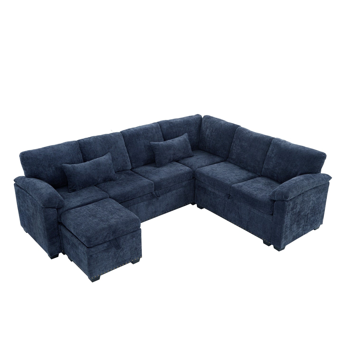 Modern L-Shaped Chenille Sectional Sofa with Pull-Out Sleeper, Storage Seats, Ottoman and 2 Pillows for Living Room