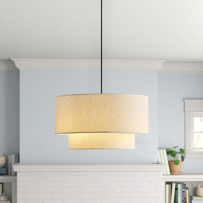 Modern Off-White Drum Pendant Light with 2-Tier Linen Fabrics Lampshade