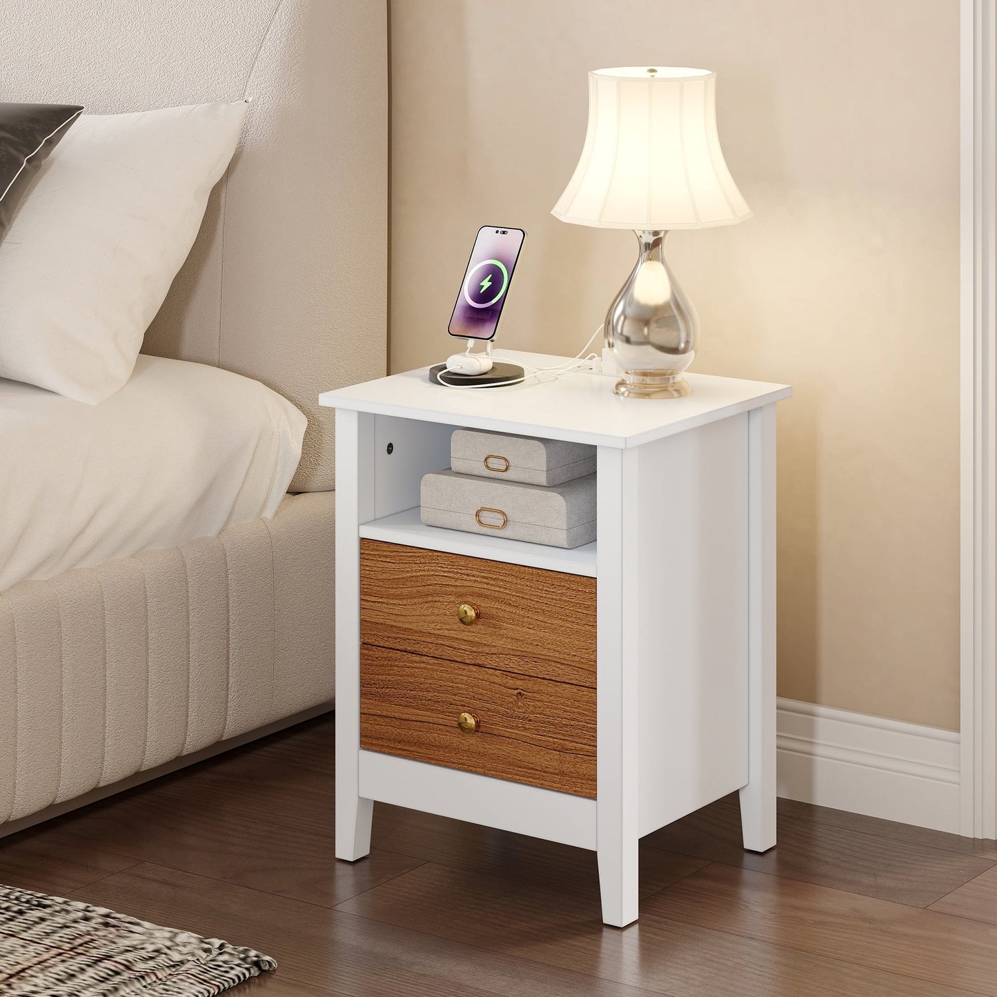 Nightstand Set of 2 with Charging Station End Side Table with 2 Drawers with USB Ports and Outlets Bedside Bed