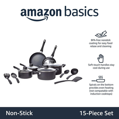 Non-Stick Cookware 15-Piece Set, Pots, Pans and Utensils, Black