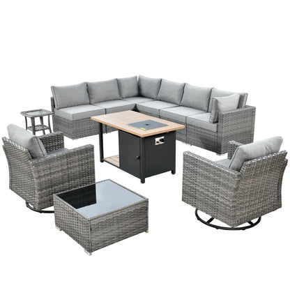 OVIOS Deep Seat Wicker 11-piece Sectional Set Swivel Chairs Fire Pit