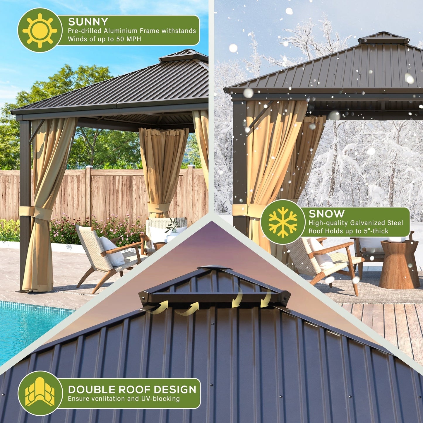 Outdoor Hardtop Gazebo with Galvanized Steel Double Roof & Aluminum Frame, Outdoor pergola with Premium Curtains and Nettings