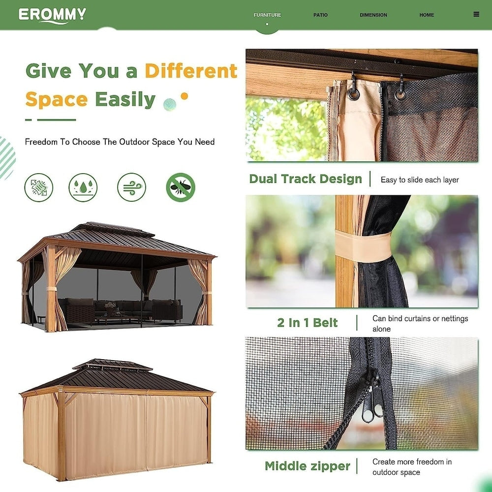 Outdoor Hardtop Gazebo with Galvanized Steel Double Roof & Aluminum Frame, Outdoor pergola with Premium Curtains and Nettings