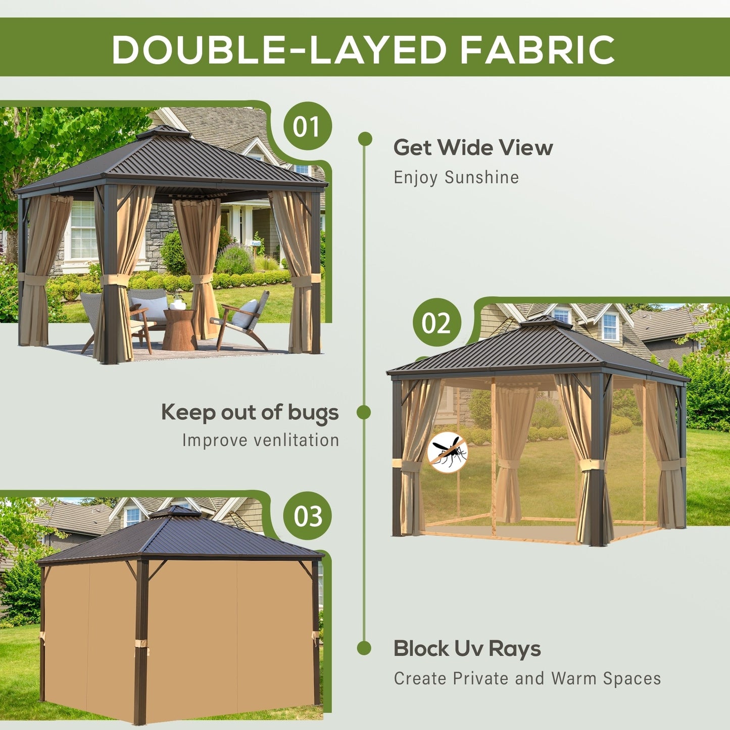 Outdoor Hardtop Gazebo with Galvanized Steel Double Roof & Aluminum Frame, Outdoor pergola with Premium Curtains and Nettings