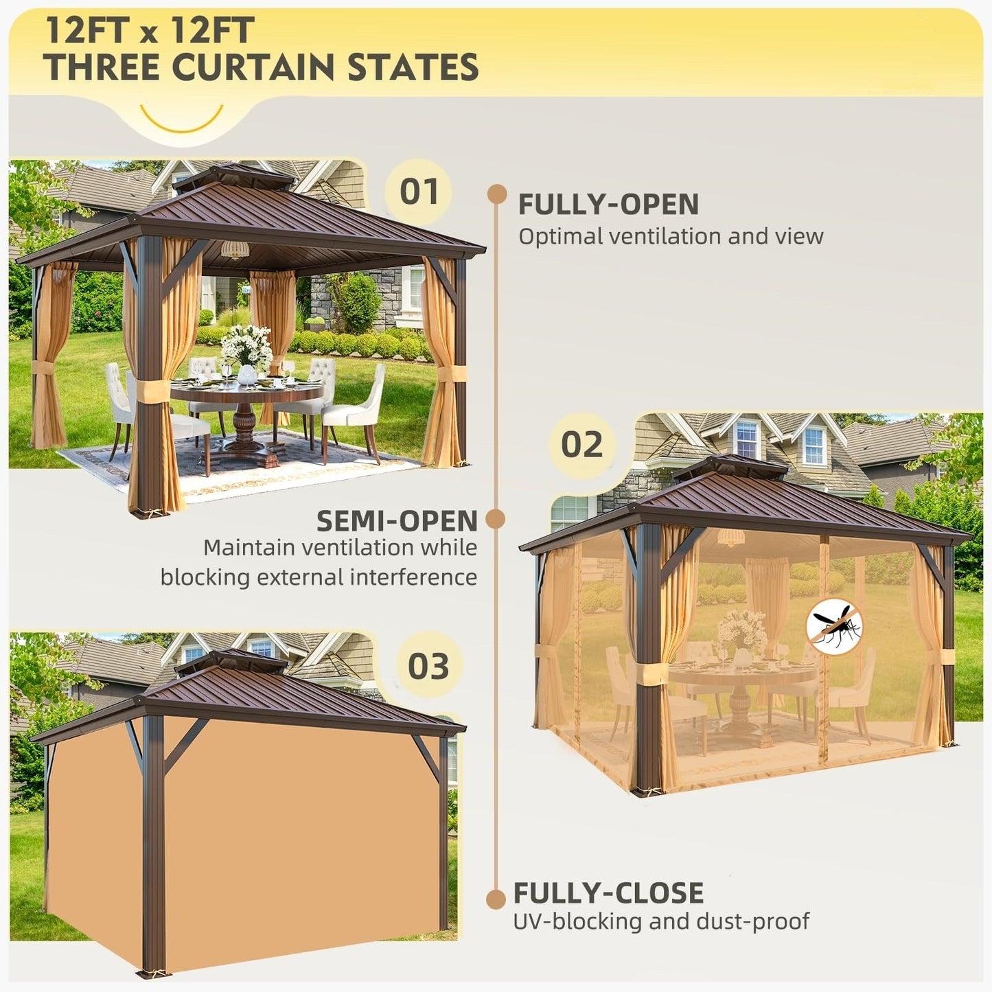 Outdoor Hardtop Gazebo with Galvanized Steel Double Roof & Aluminum Frame, Outdoor pergola with Premium Curtains and Nettings