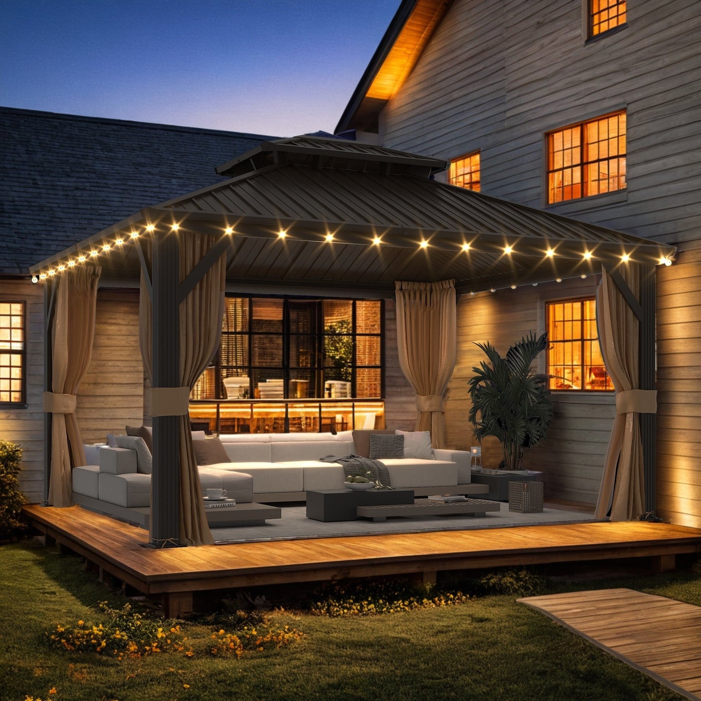 Outdoor Hardtop Gazebo with Galvanized Steel Double Roof & Aluminum Frame, Outdoor pergola with Premium Curtains and Nettings