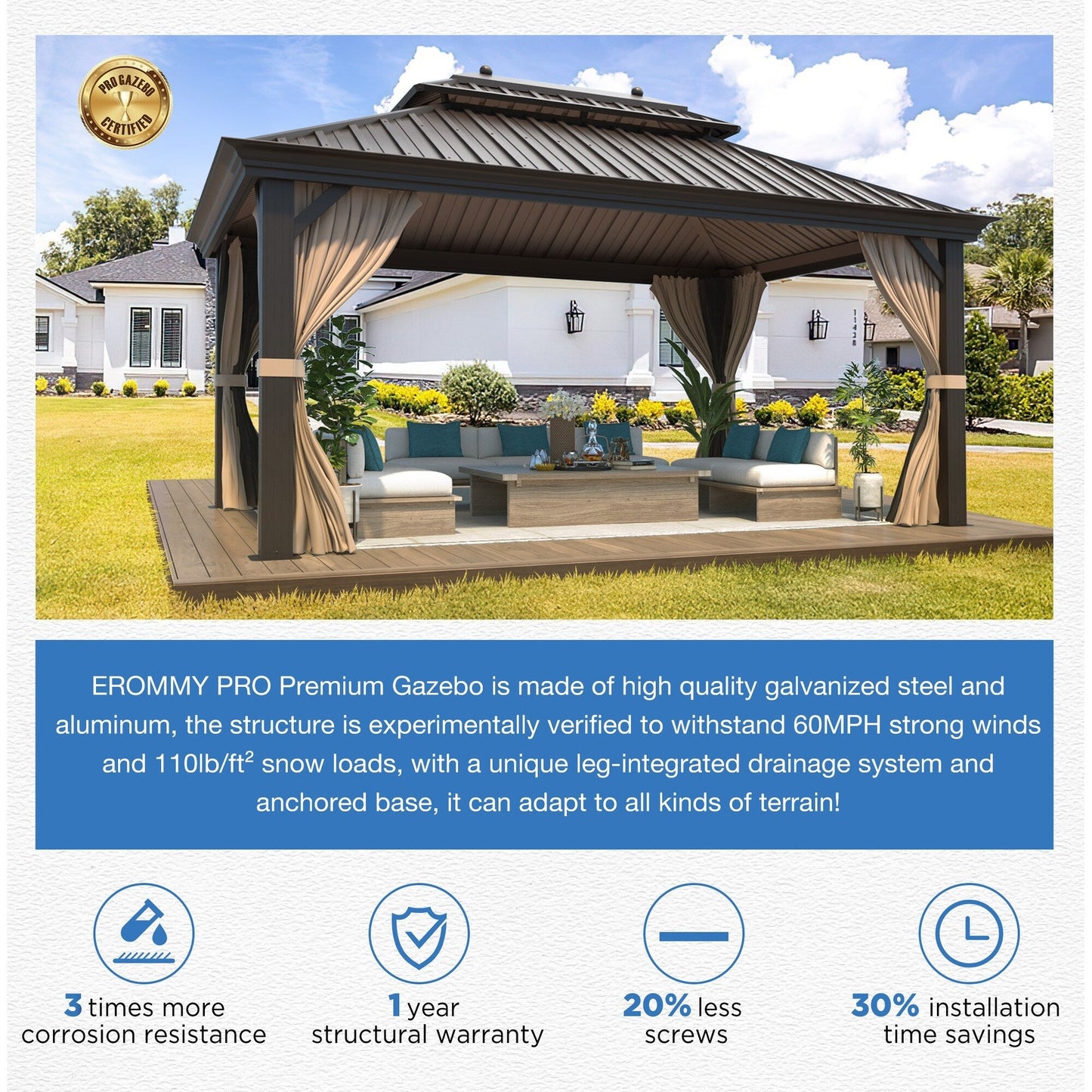 Outdoor Hardtop Gazebo with Galvanized Steel Double Roof & Aluminum Frame, Outdoor pergola with Premium Curtains and Nettings