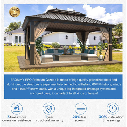 Outdoor Hardtop Gazebo with Galvanized Steel Double Roof & Aluminum Frame, Outdoor pergola with Premium Curtains and Nettings