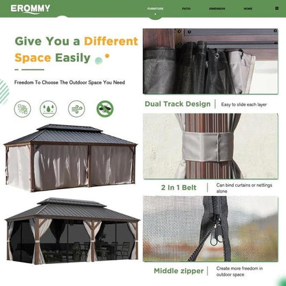 Outdoor Hardtop Gazebo with Galvanized Steel Double Roof & Aluminum Frame, Outdoor pergola with Premium Curtains and Nettings
