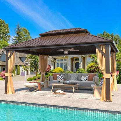 Outdoor Hardtop Gazebo with Galvanized Steel Double Roof & Aluminum Frame, Outdoor pergola with Premium Curtains and Nettings