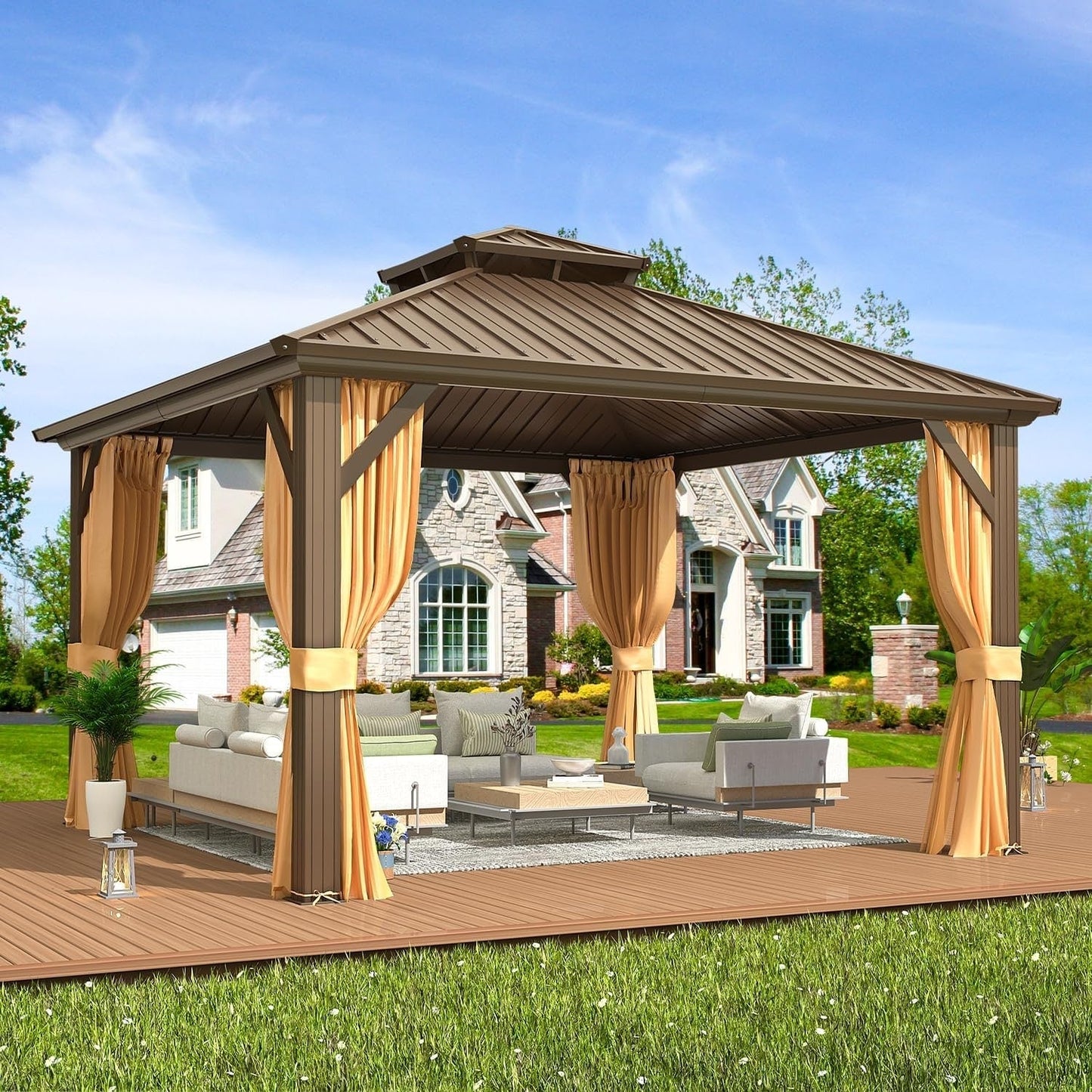 Outdoor Hardtop Gazebo with Galvanized Steel Double Roof & Aluminum Frame, Outdoor pergola with Premium Curtains and Nettings