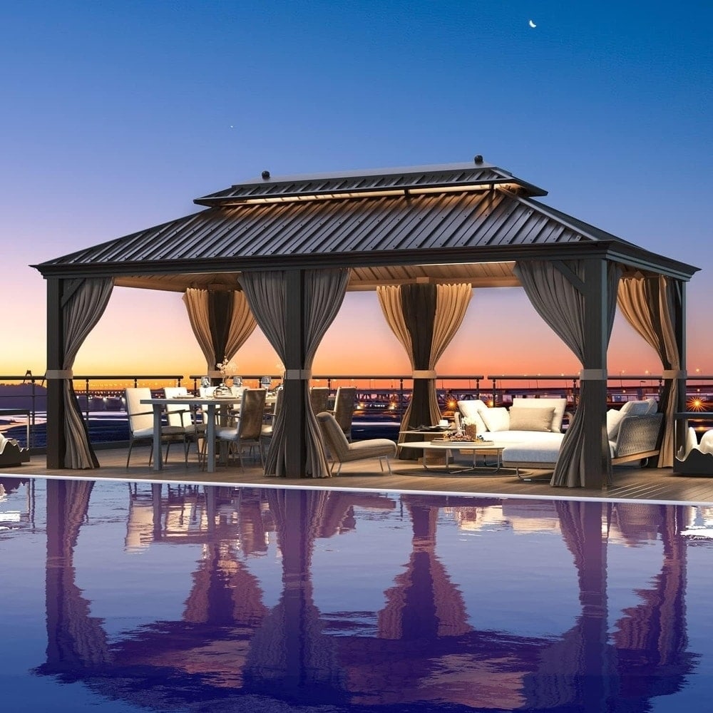 Outdoor Hardtop Gazebo with Galvanized Steel Double Roof & Aluminum Frame, Outdoor pergola with Premium Curtains and Nettings