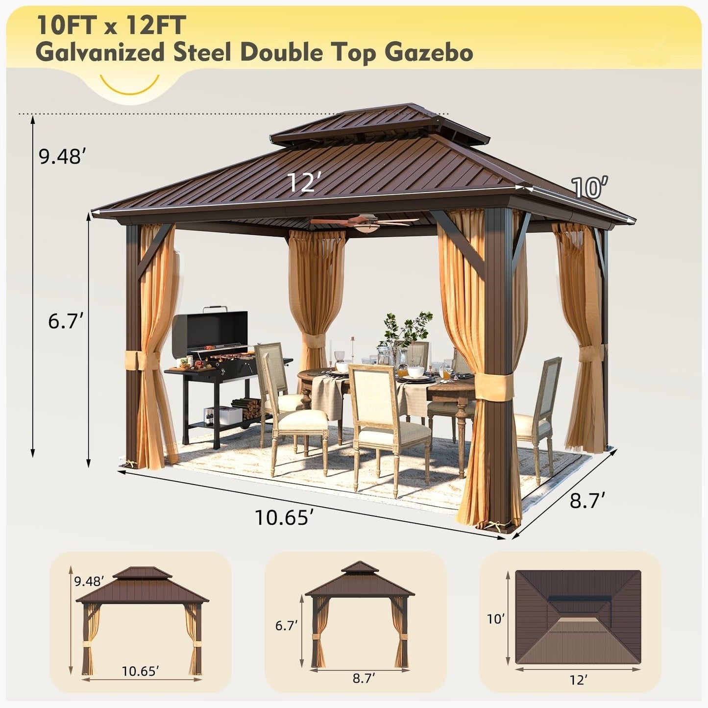 Outdoor Hardtop Gazebo with Galvanized Steel Double Roof & Aluminum Frame, Outdoor pergola with Premium Curtains and Nettings