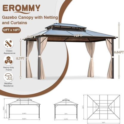 Hardtop Gazebo for Backyard – Permanent Pergola with Netting, Curtains & Double Roof, All-Weather Outdoor Shelter
