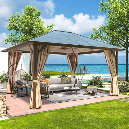 Hardtop Gazebo for Backyard – Permanent Pergola with Netting, Curtains & Double Roof, All-Weather Outdoor Shelter