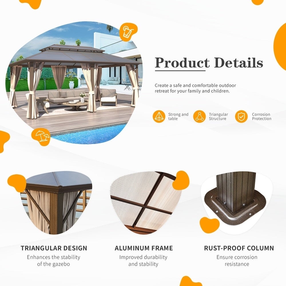 Hardtop Gazebo for Backyard – Permanent Pergola with Netting, Curtains & Double Roof, All-Weather Outdoor Shelter