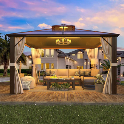 Hardtop Gazebo for Backyard – Permanent Pergola with Netting, Curtains & Double Roof, All-Weather Outdoor Shelter