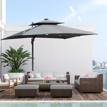 Outsunny 10ft Solar LED Patio Umbrella, Offset Hanging Umbrella with 360° Rotation, Cross Base, 8 Ribs, Tilt and Crank
