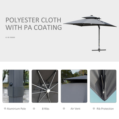 Outsunny 10ft Solar LED Patio Umbrella, Offset Hanging Umbrella with 360° Rotation, Cross Base, 8 Ribs, Tilt and Crank