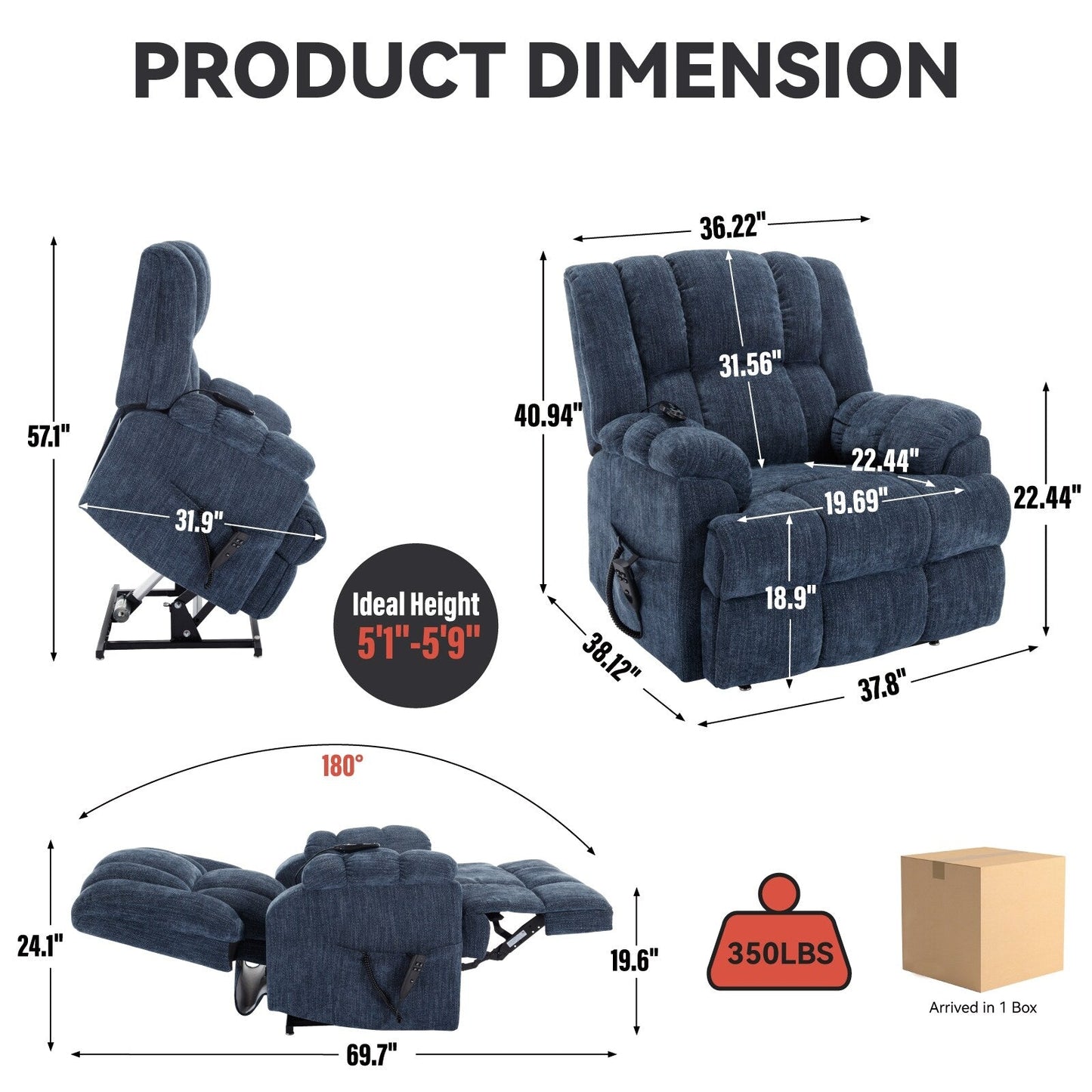 Oversized Chenille Power Lift Recliner Chair with Massage and Lumbar Heating, Infinite Position Reclining