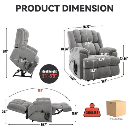 Oversized Chenille Power Lift Recliner Chair with Massage and Lumbar Heating, Infinite Position Reclining